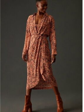 Anthropologie Rust Floral Wrap Midi Dress
